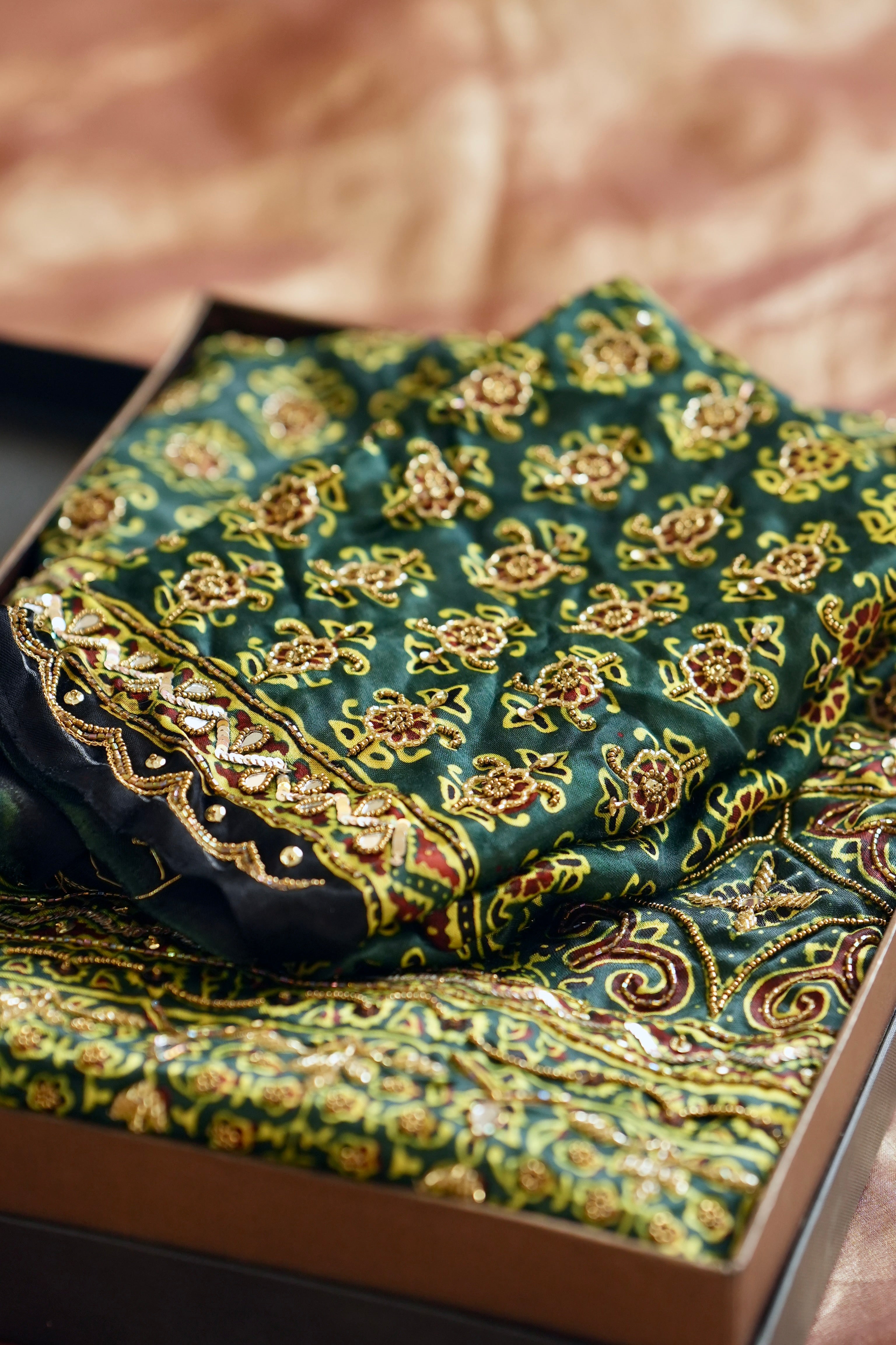 Jade Night: Green and Yellow Ajrakh Hand Block Print Saree on Modal Satin with Handwork | Self Blouse with Handwork