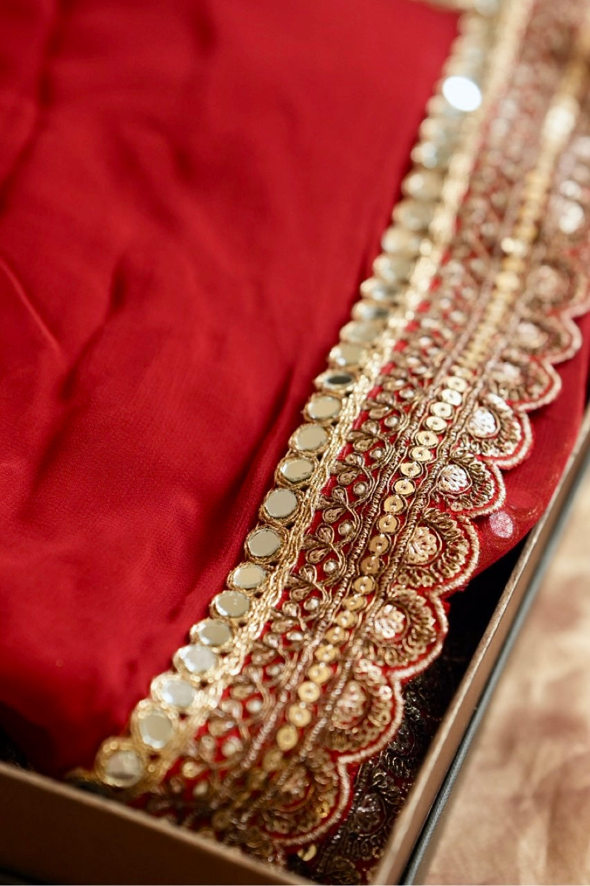Scarlett: Red Pure Silk Chiffon Saree | Pure Raw Silk Blouse with Handwork