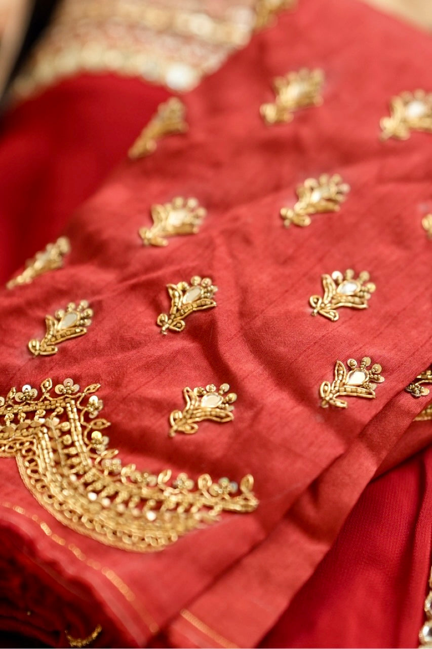 Scarlett: Red Pure Silk Chiffon Saree | Pure Raw Silk Blouse with Handwork