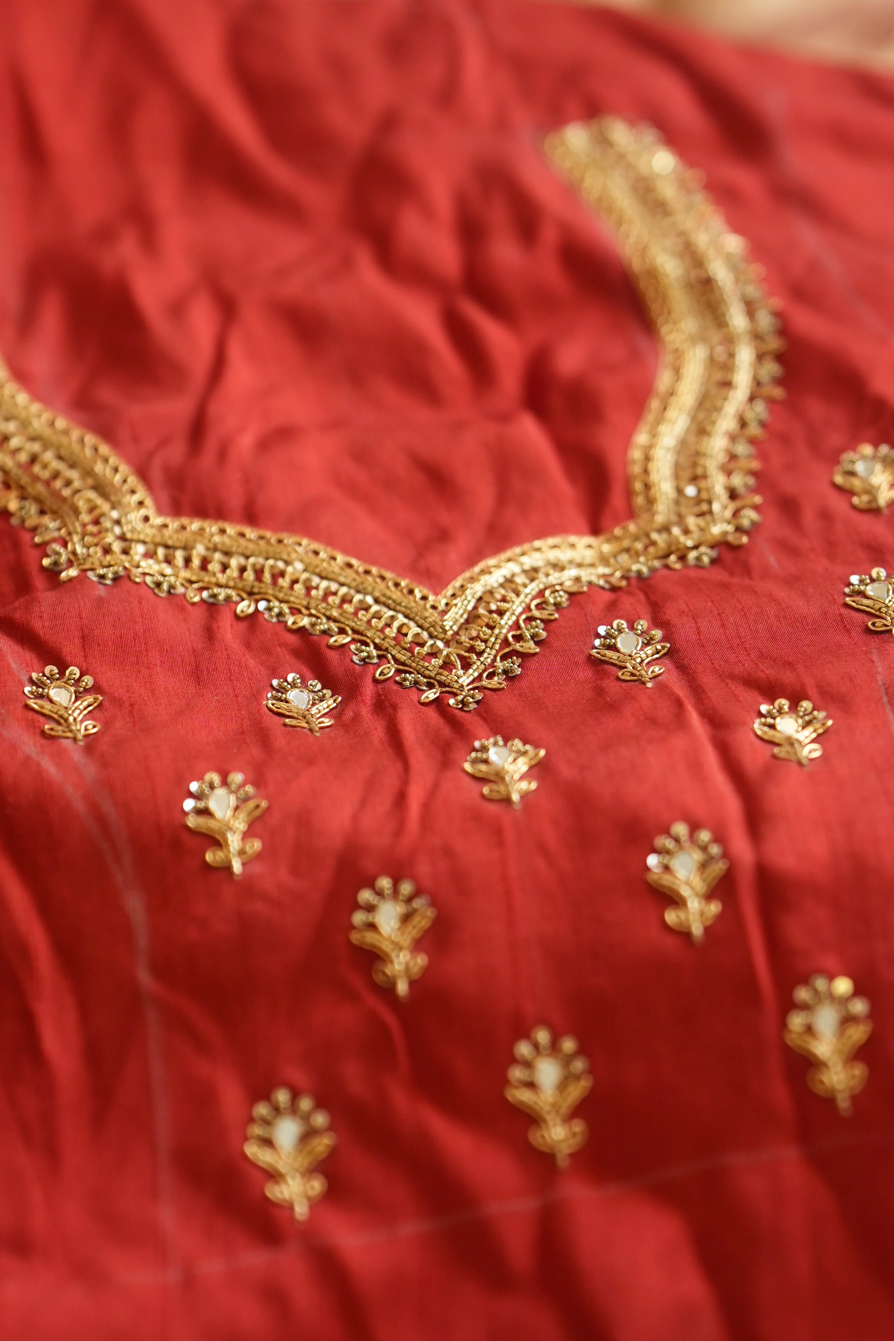 Scarlett: Red Pure Silk Chiffon Saree | Pure Raw Silk Blouse with Handwork