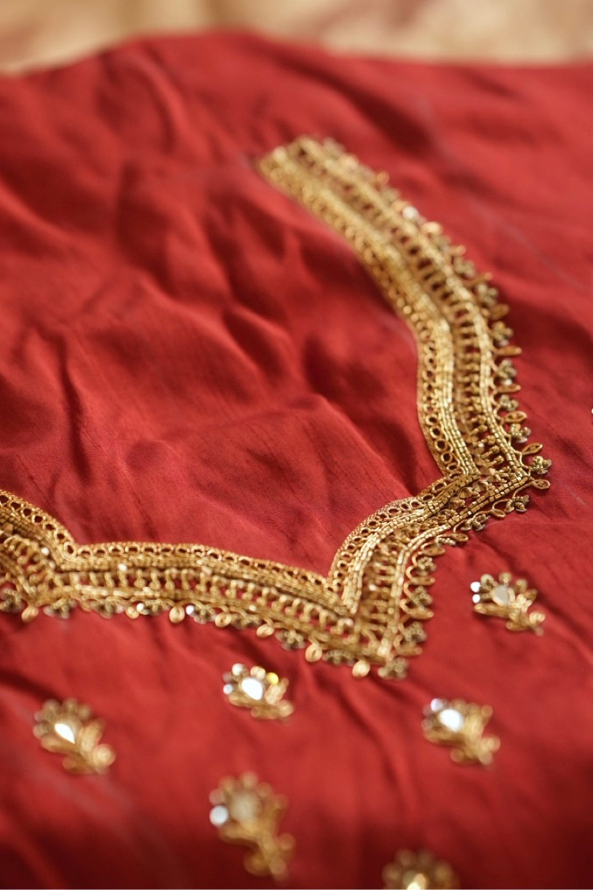 Scarlett: Red Pure Silk Chiffon Saree | Pure Raw Silk Blouse with Handwork