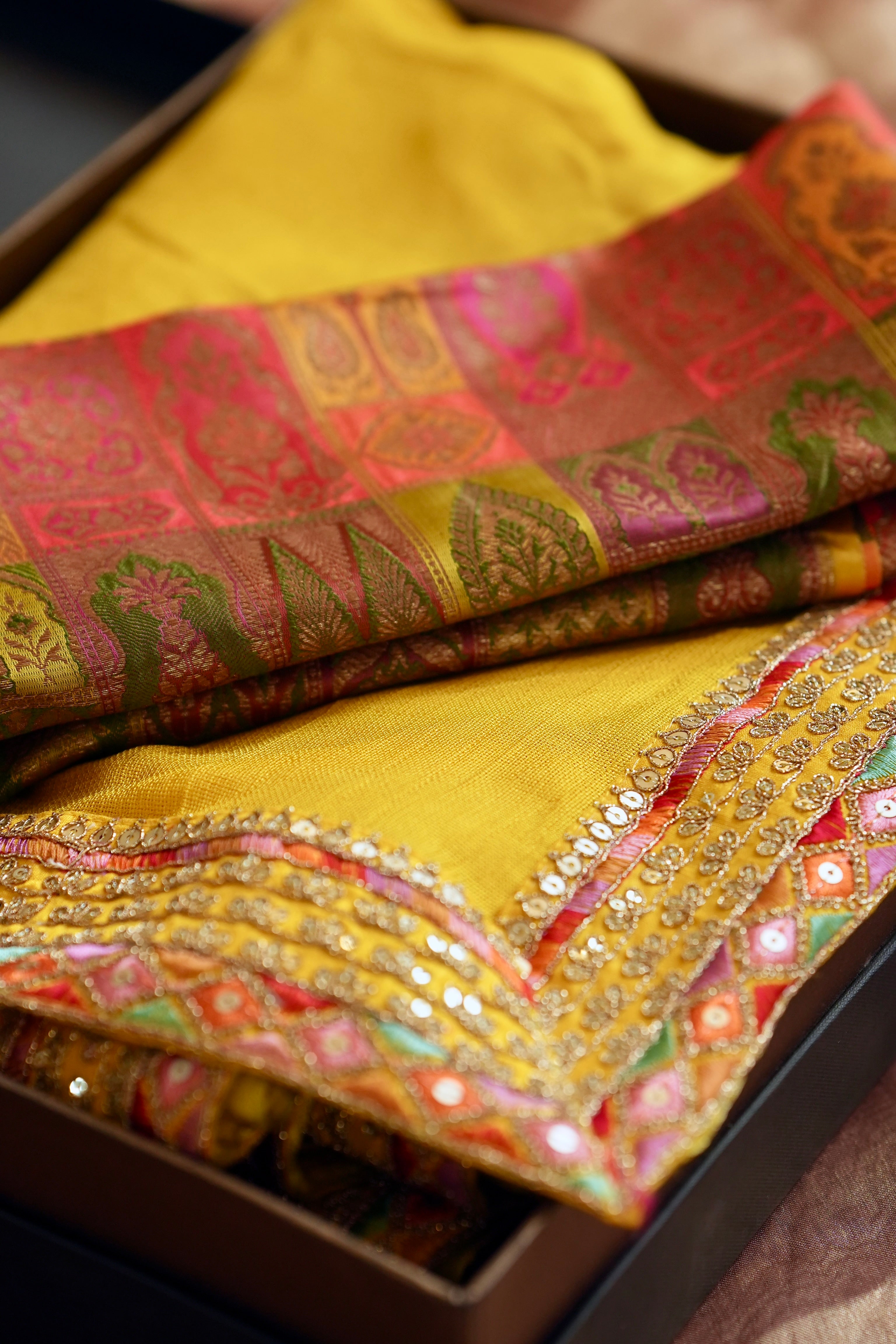 Marigold: Yellow Jute Uppada Saree | Brocade Blouse
