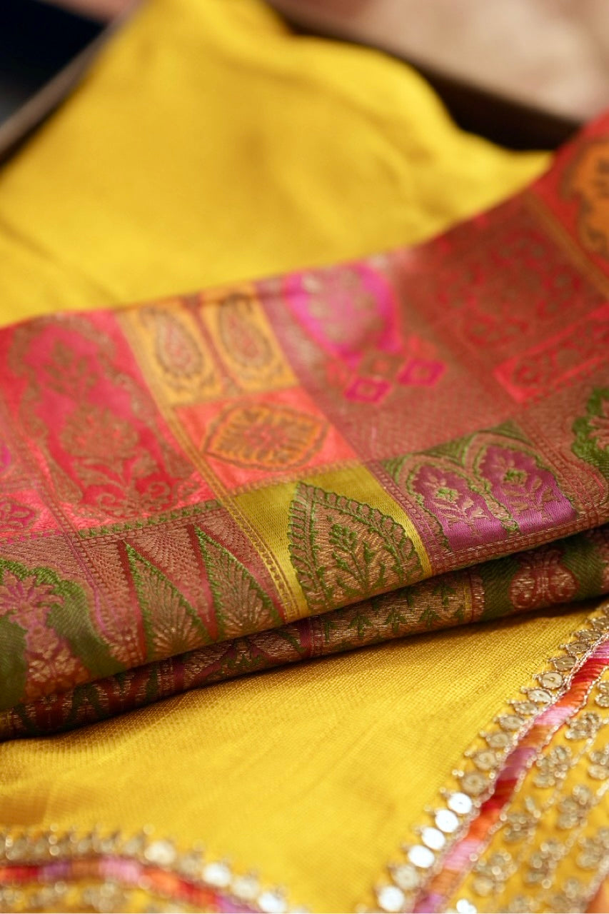 Marigold: Yellow Jute Uppada Saree | Brocade Blouse