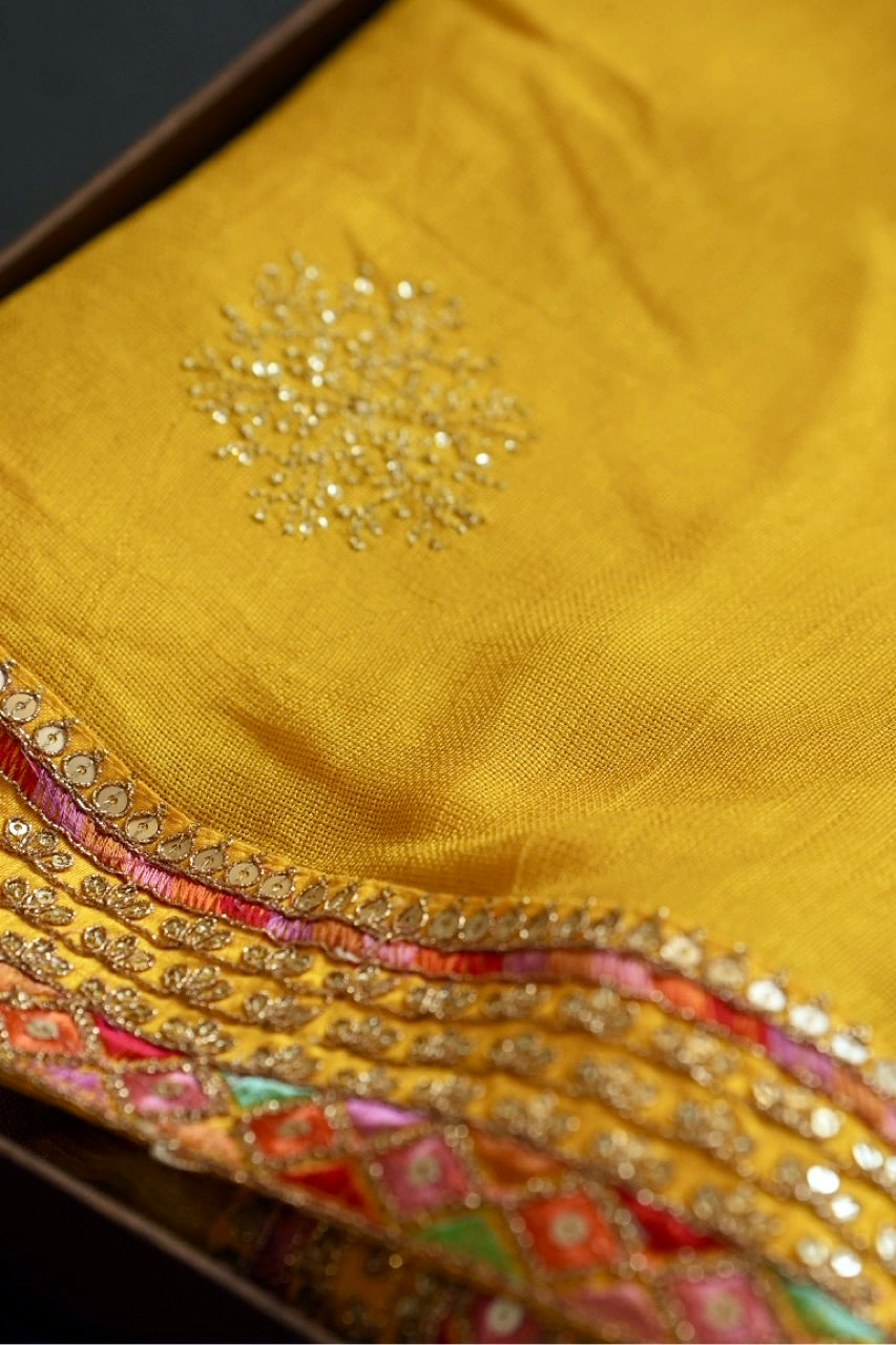 Marigold: Yellow Jute Uppada Saree | Brocade Blouse