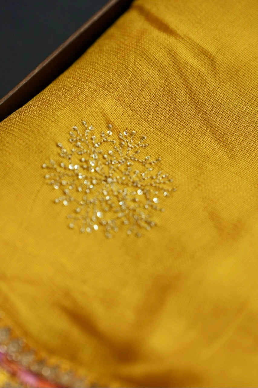 Marigold: Yellow Jute Uppada Saree | Brocade Blouse