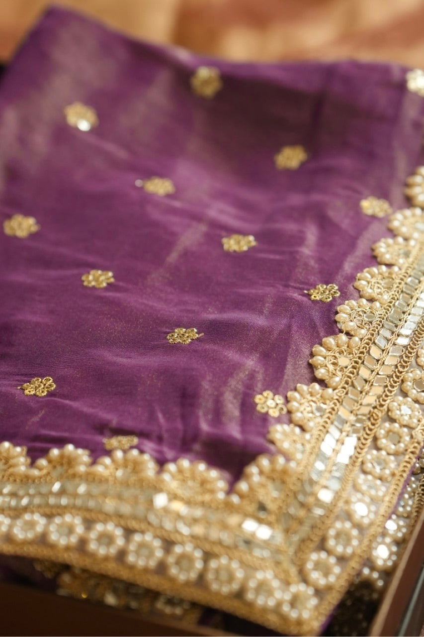 Iris: Purple Pure Tissue Saree | Heavy intricate work Raw Silk Blouse