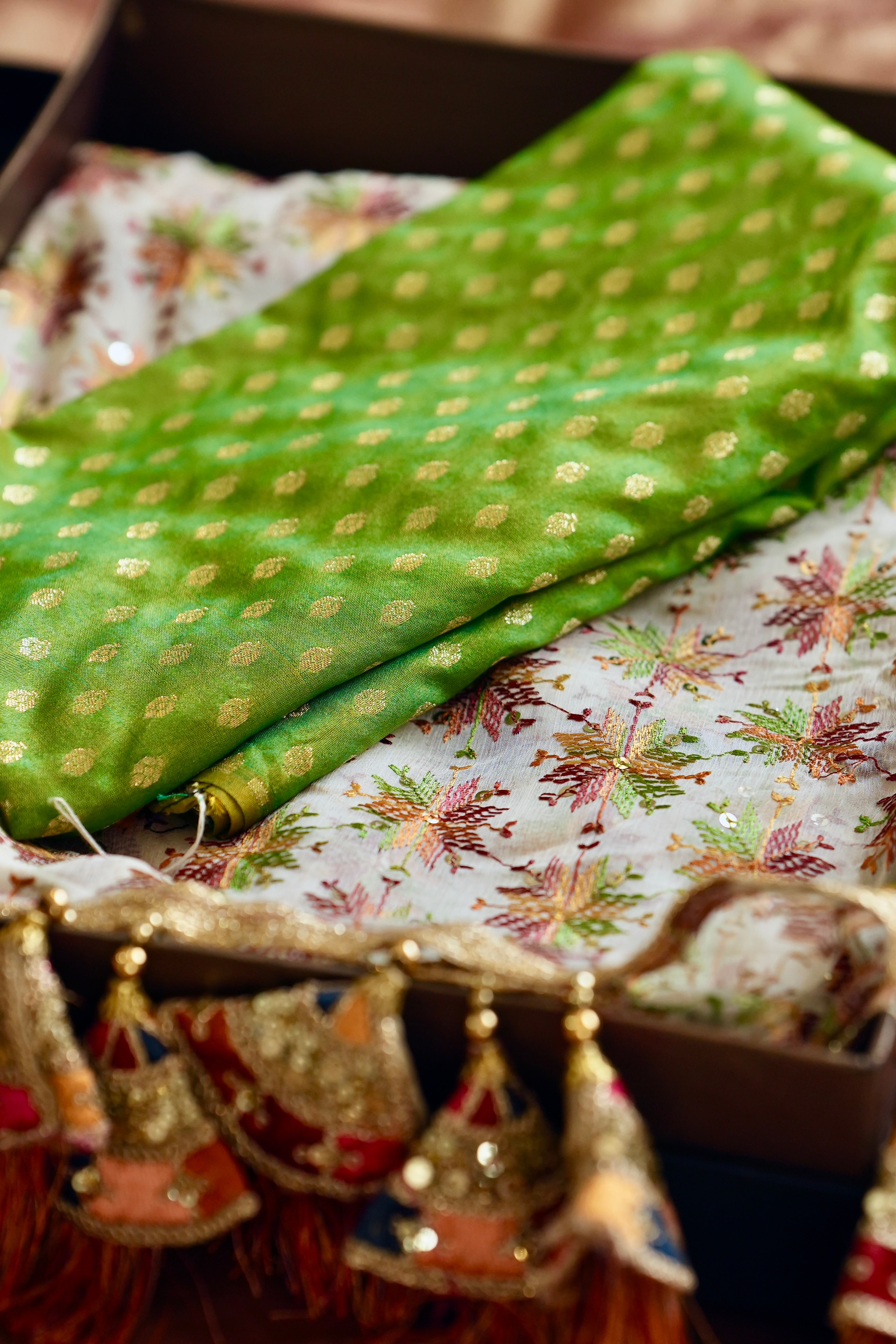 Parijata: Off White Floral Motif Pure Chiffon Saree | Green Brocade Blouse