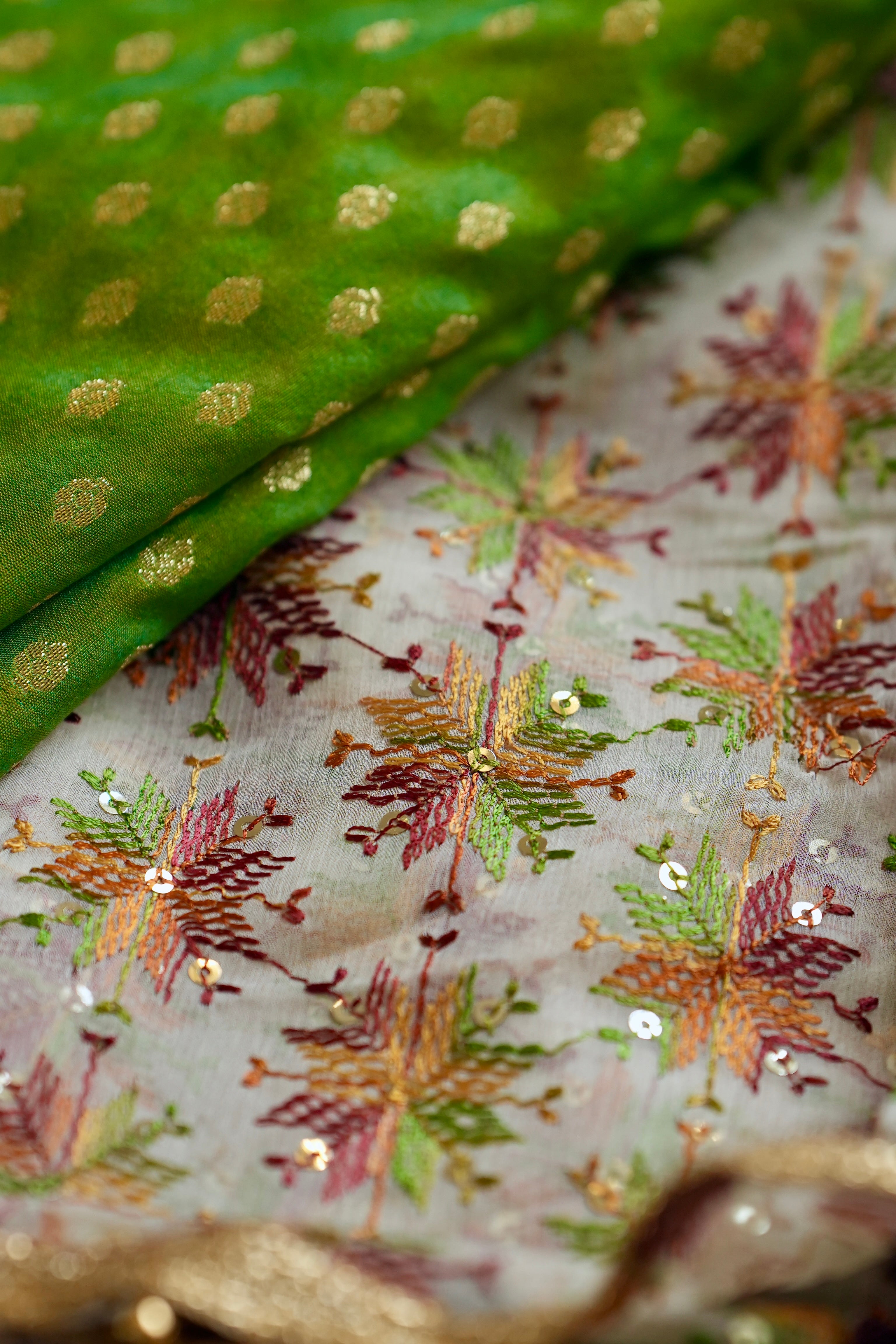 Parijata: Off White Floral Motif Pure Chiffon Saree | Green Brocade Blouse