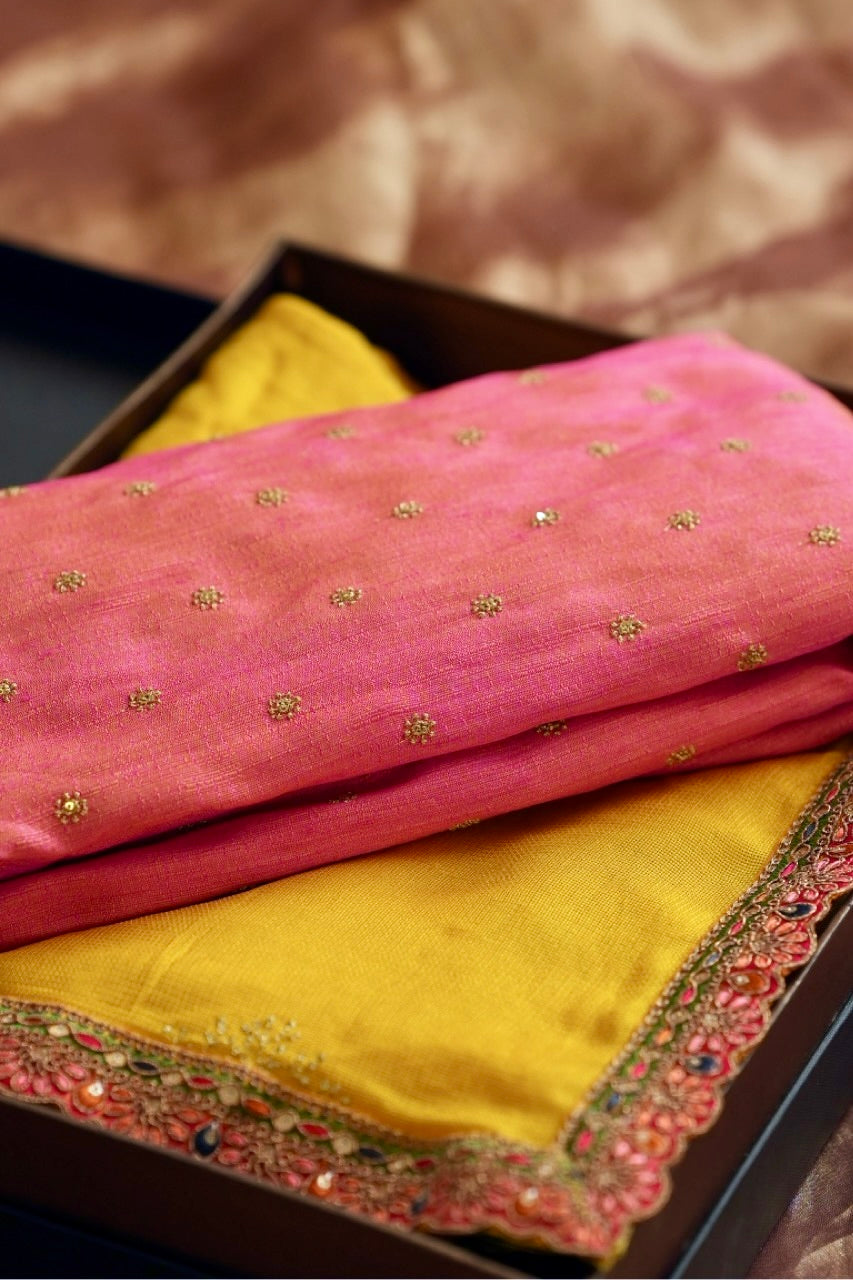 Arishi: Yellow Jute Uppada Saree | Pink Raw Silk Blouse