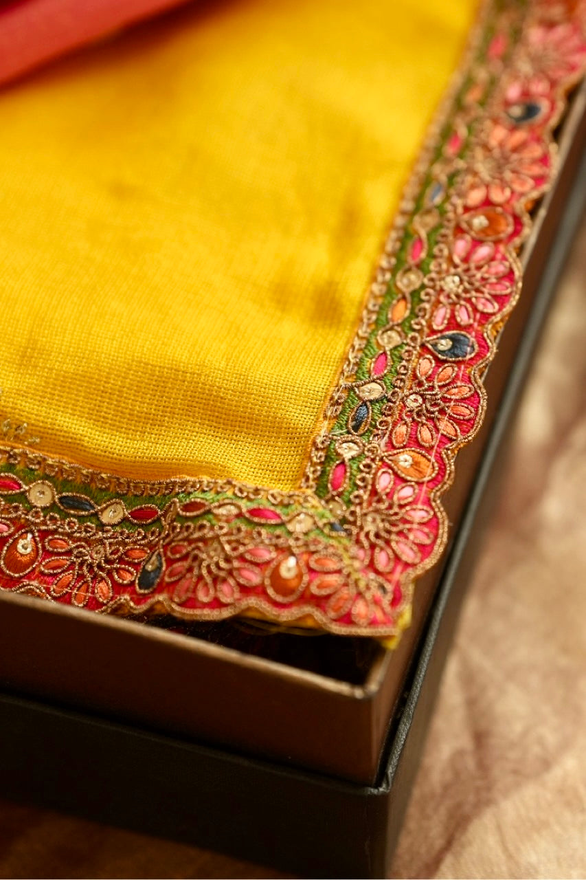 Arishi: Yellow Jute Uppada Saree | Pink Raw Silk Blouse
