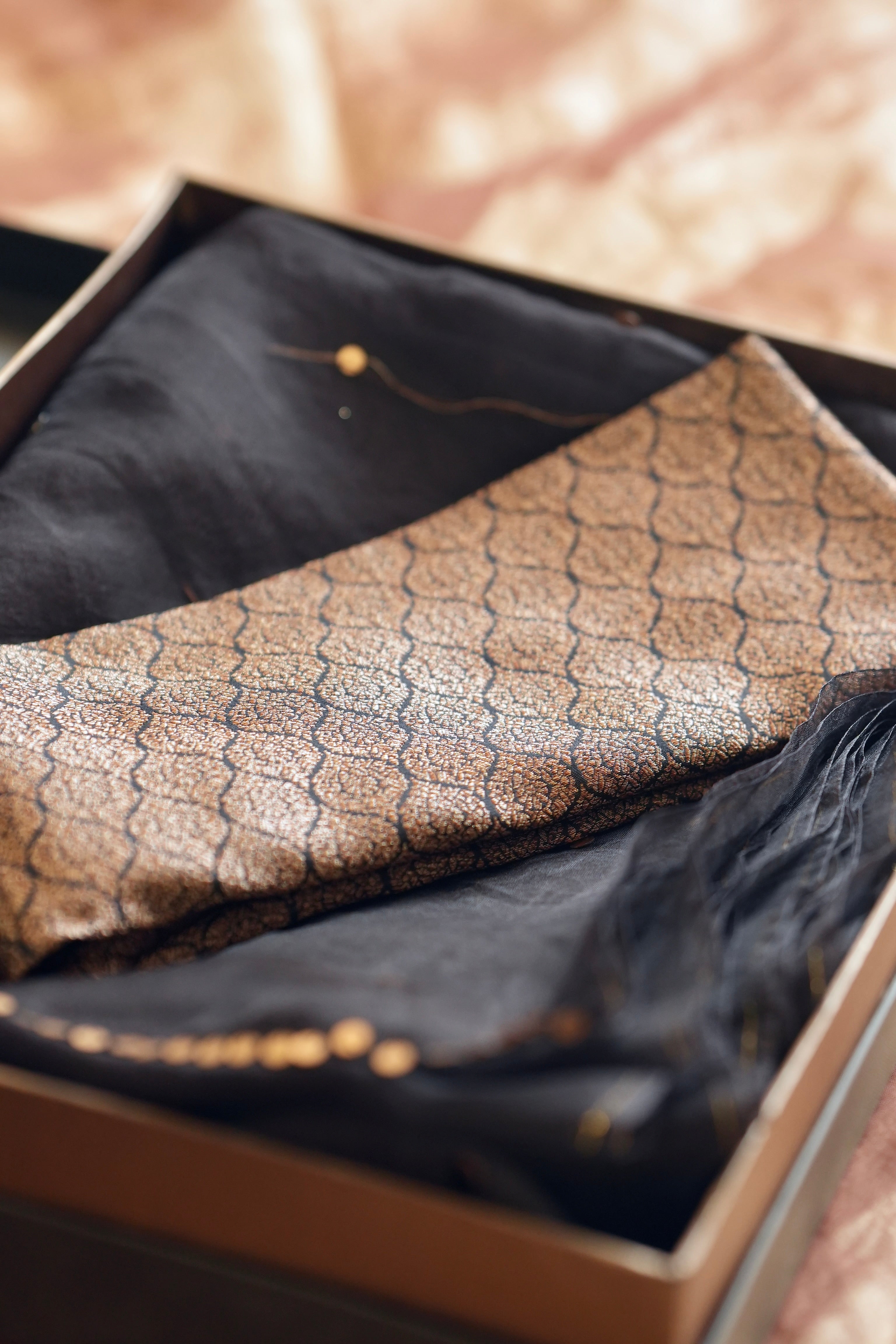 Nishka: Black Pure Silk Organza Saree with coin handwork | Black Pure Silk Handwoven Brocade Blouse