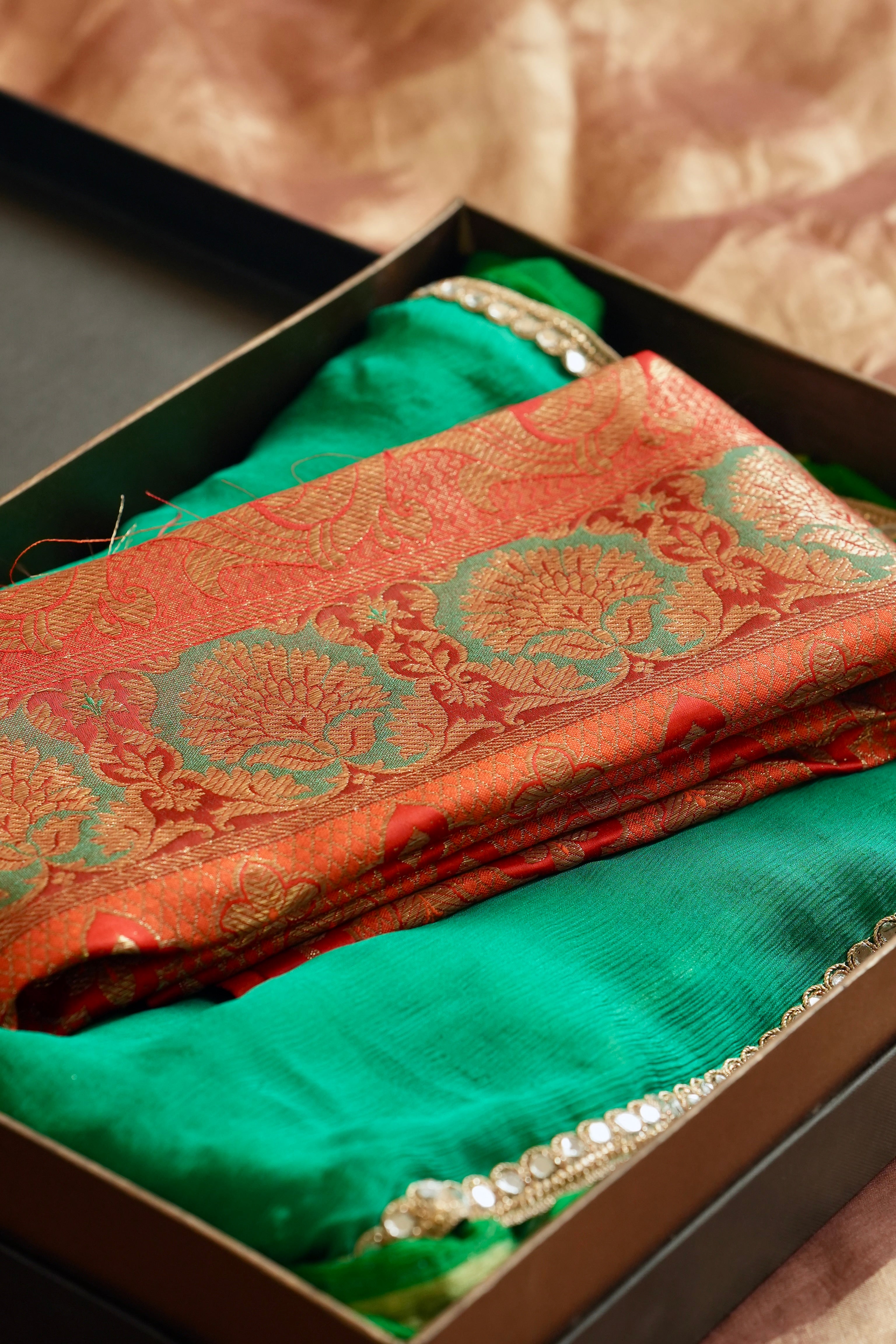 Amra: Green Pure Silk Chiffon Saree | Brocade Blouse