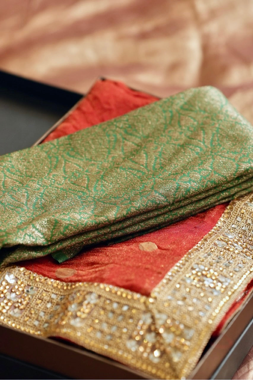 Gulmohar: Red Jute Jacquard Saree | Green Brocade Blouse