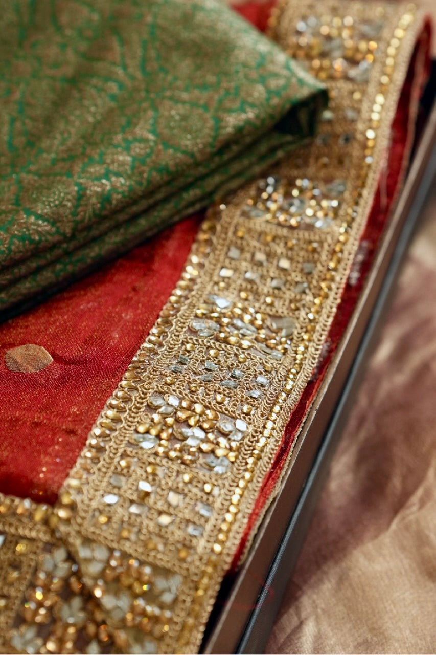 Gulmohar: Red Jute Jacquard Saree | Green Brocade Blouse