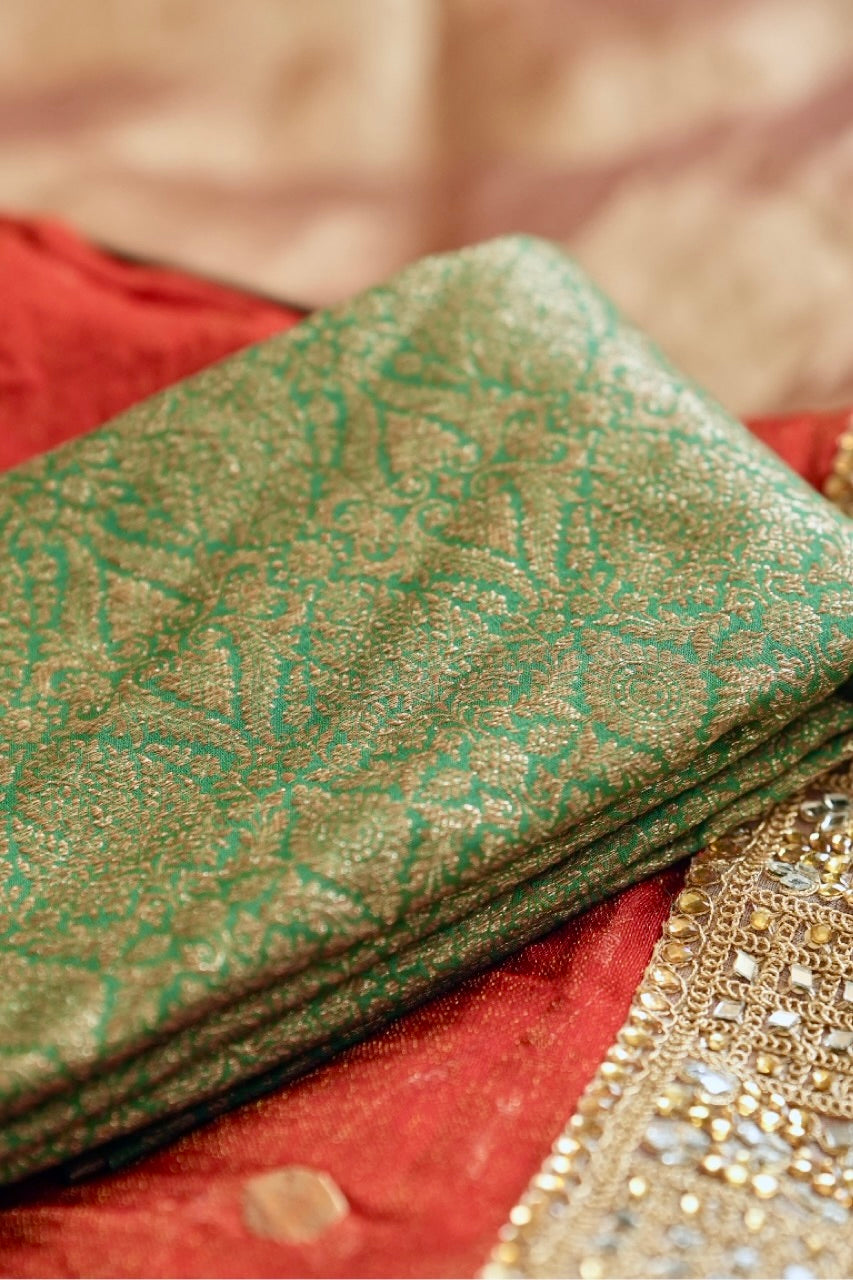 Gulmohar: Red Jute Jacquard Saree | Green Brocade Blouse