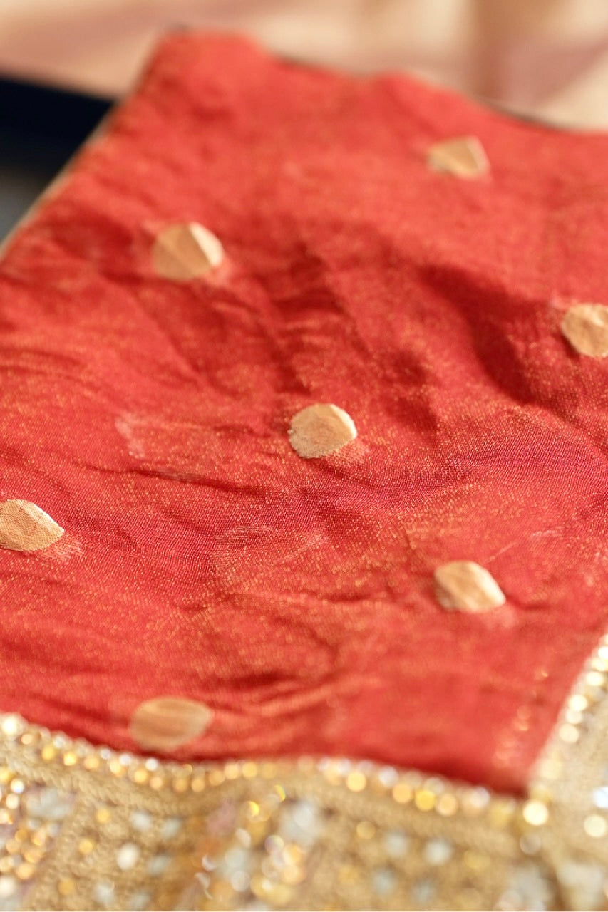 Gulmohar: Red Jute Jacquard Saree | Green Brocade Blouse