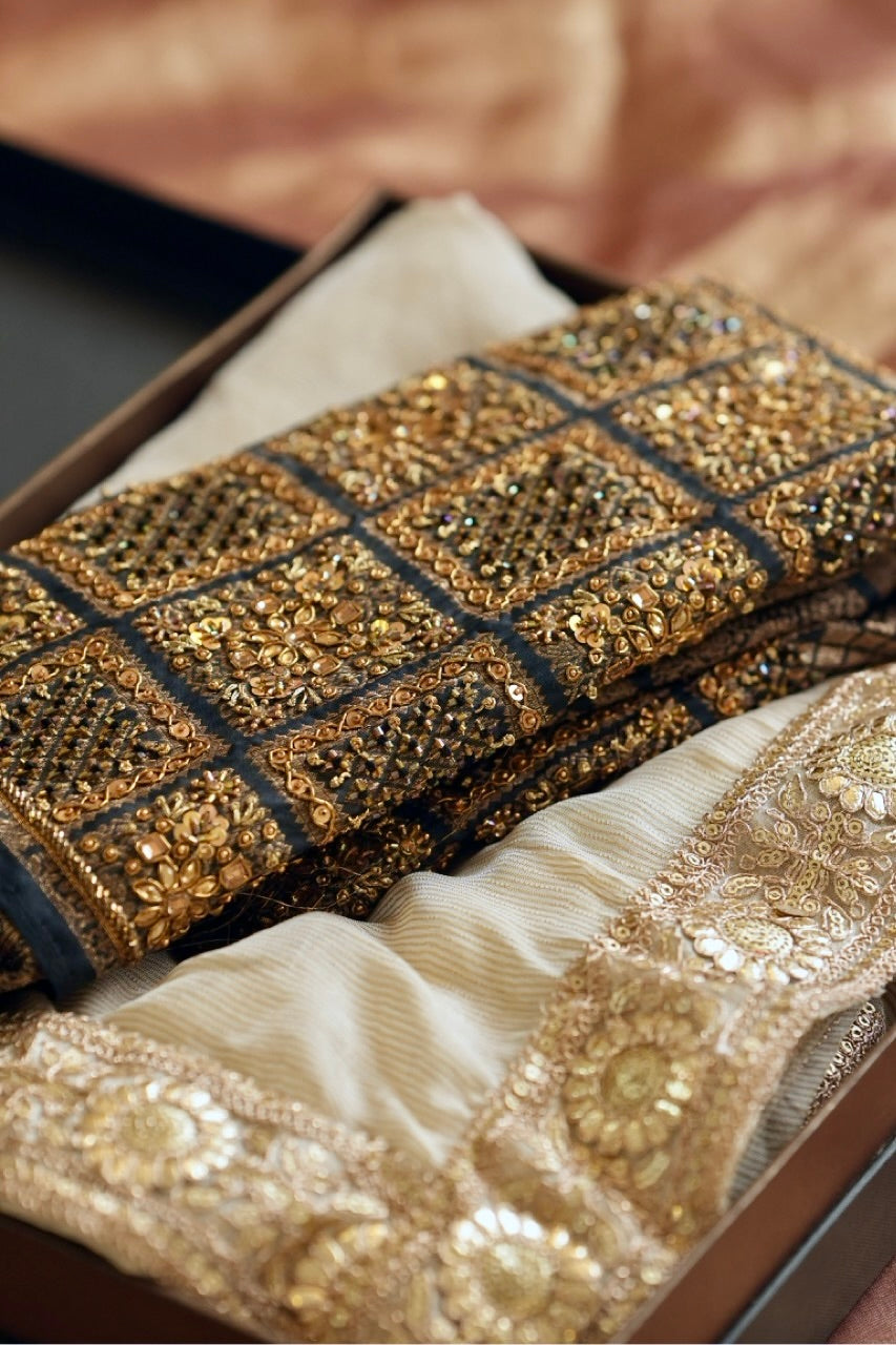 Ebony n' Ivory: Off White Pure Tissue Chiffon | Black handwoven Banarasi Blouse with Extensive Handwork