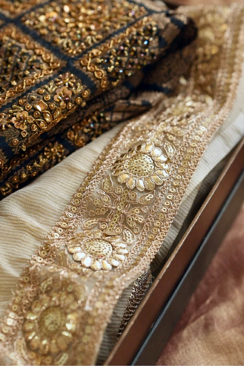 Ebony n' Ivory: Off White Pure Tissue Chiffon | Black handwoven Banarasi Blouse with Extensive Handwork