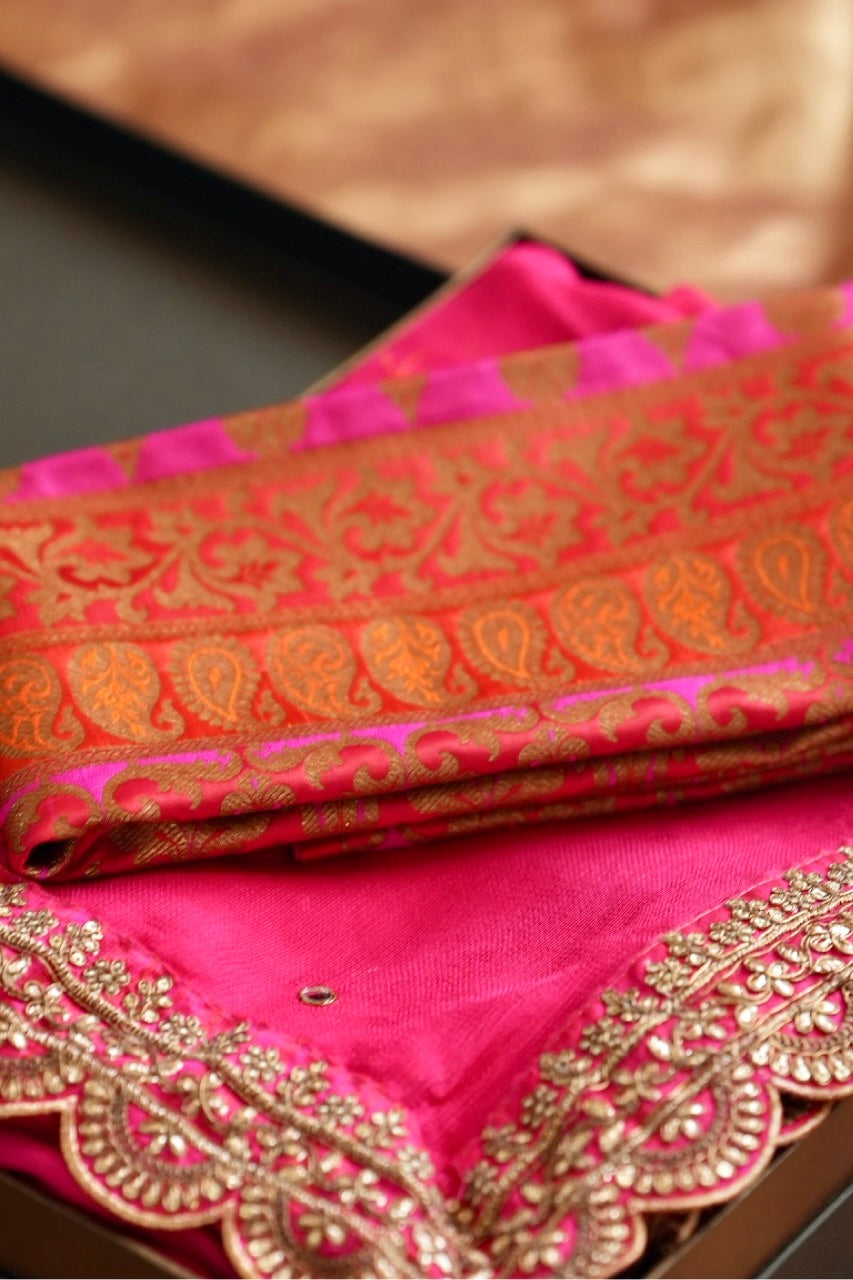 Tulip: Pink Jute Uppada Saree with Handwork | Brocade Blouse