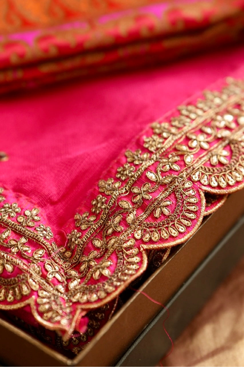 Tulip: Pink Jute Uppada Saree with Handwork | Brocade Blouse