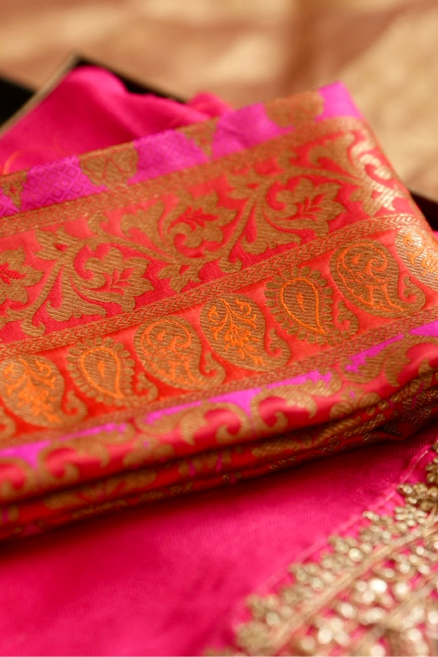 Tulip: Pink Jute Uppada Saree with Handwork | Brocade Blouse