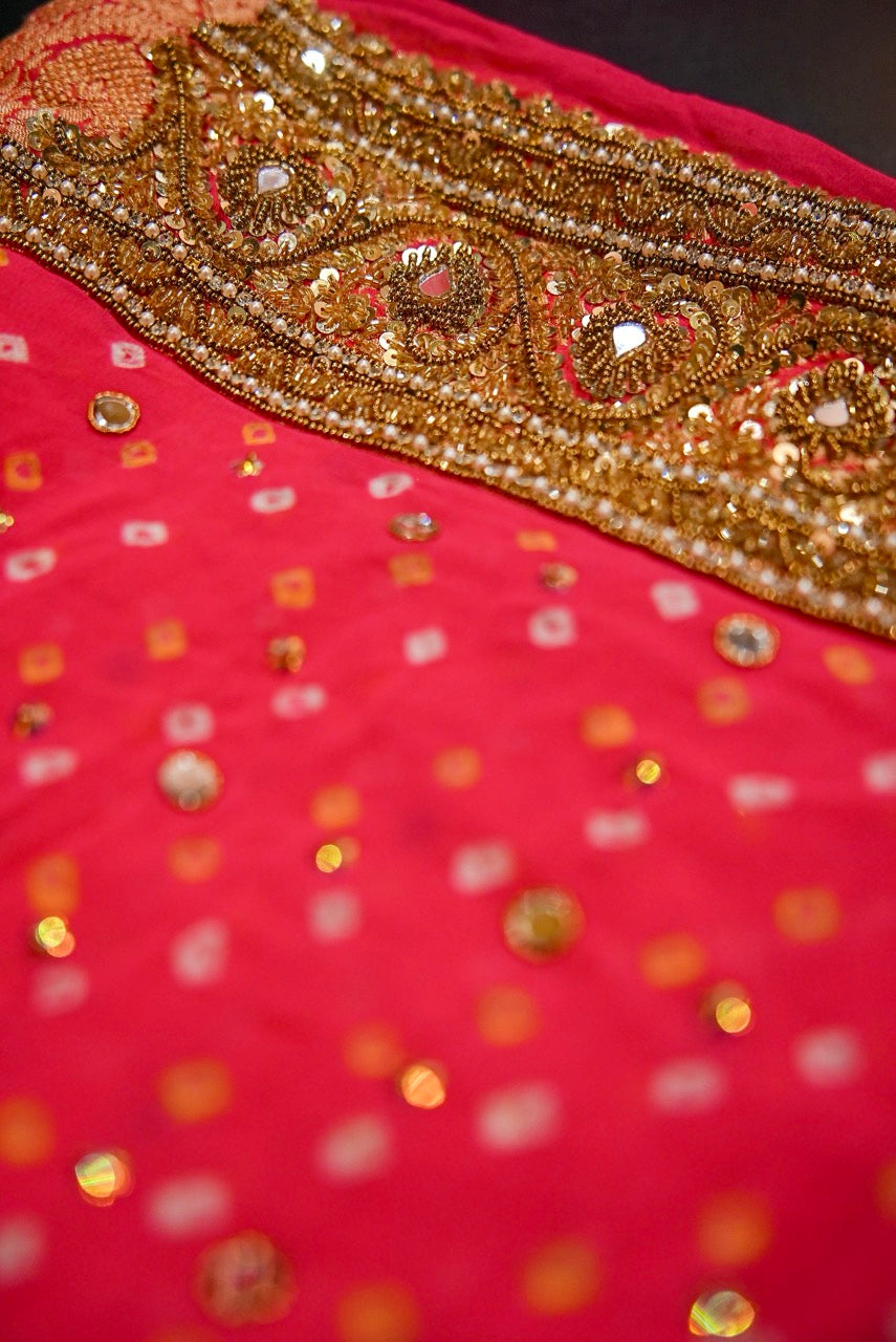 Kashish: Pure Silk Dual Colour Bandhani with Handwork | Self with Handwork