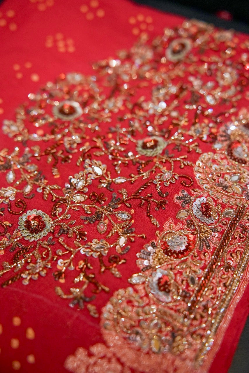 Dulhan: Red Pure Silk Bandhani with handwork | Self Blouse with handwork