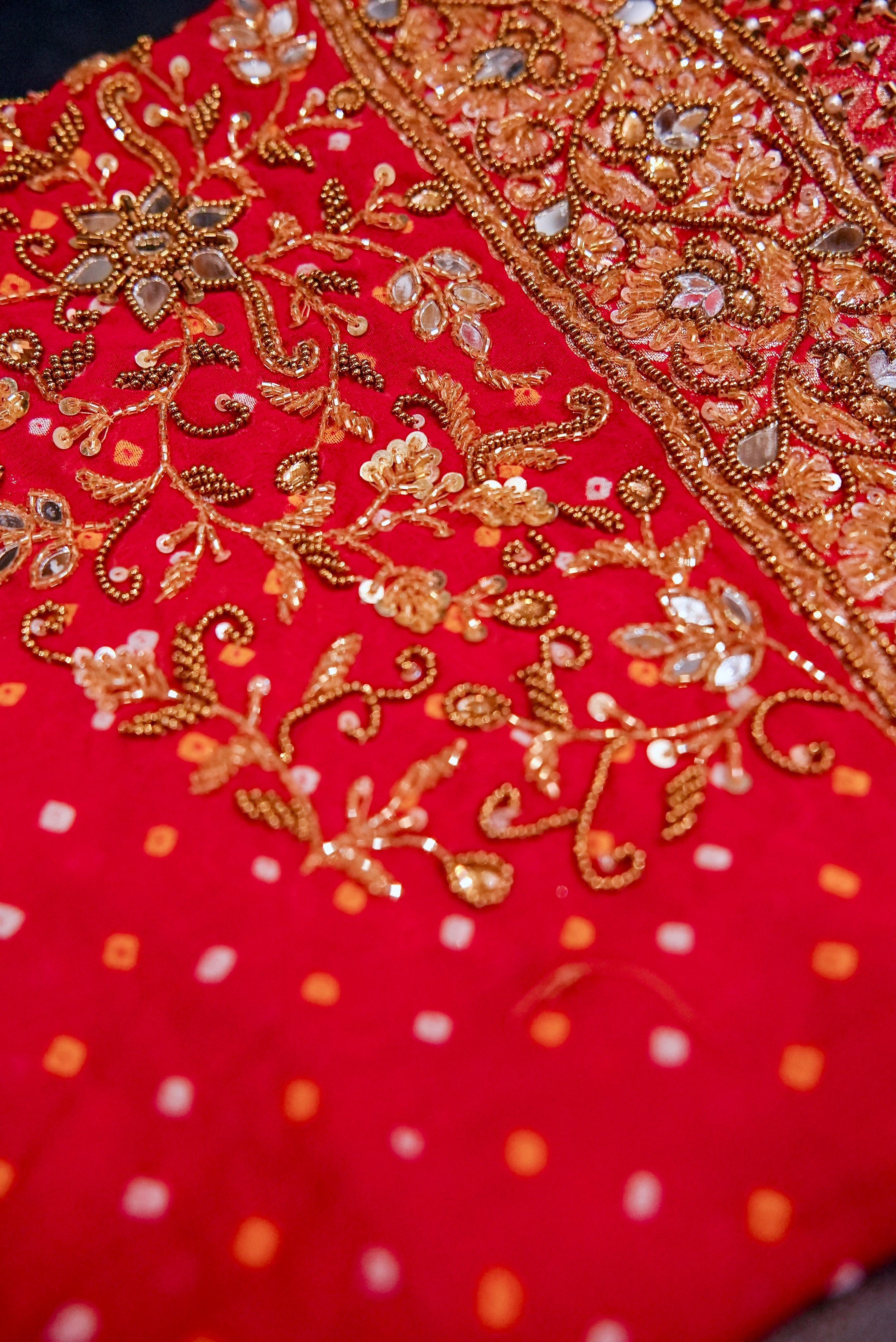 Yaman: Red Pure Gajji Silk Bandhani with Kadwa Zari | Self with Handwork