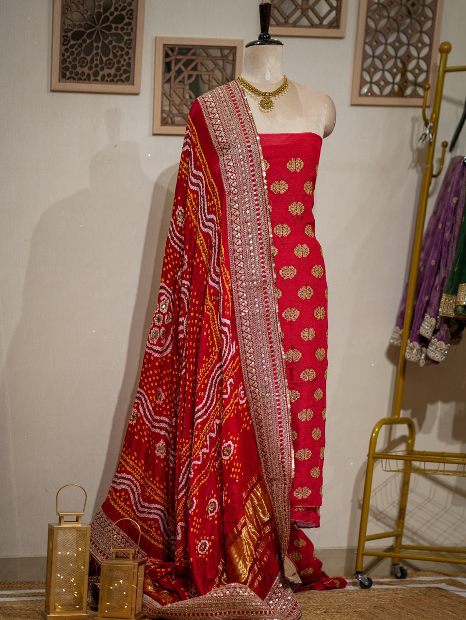 Kareena: Red Uppada Silk Top with Pure Gajji Silk Handwoven Bandhani Handwork Dupatta