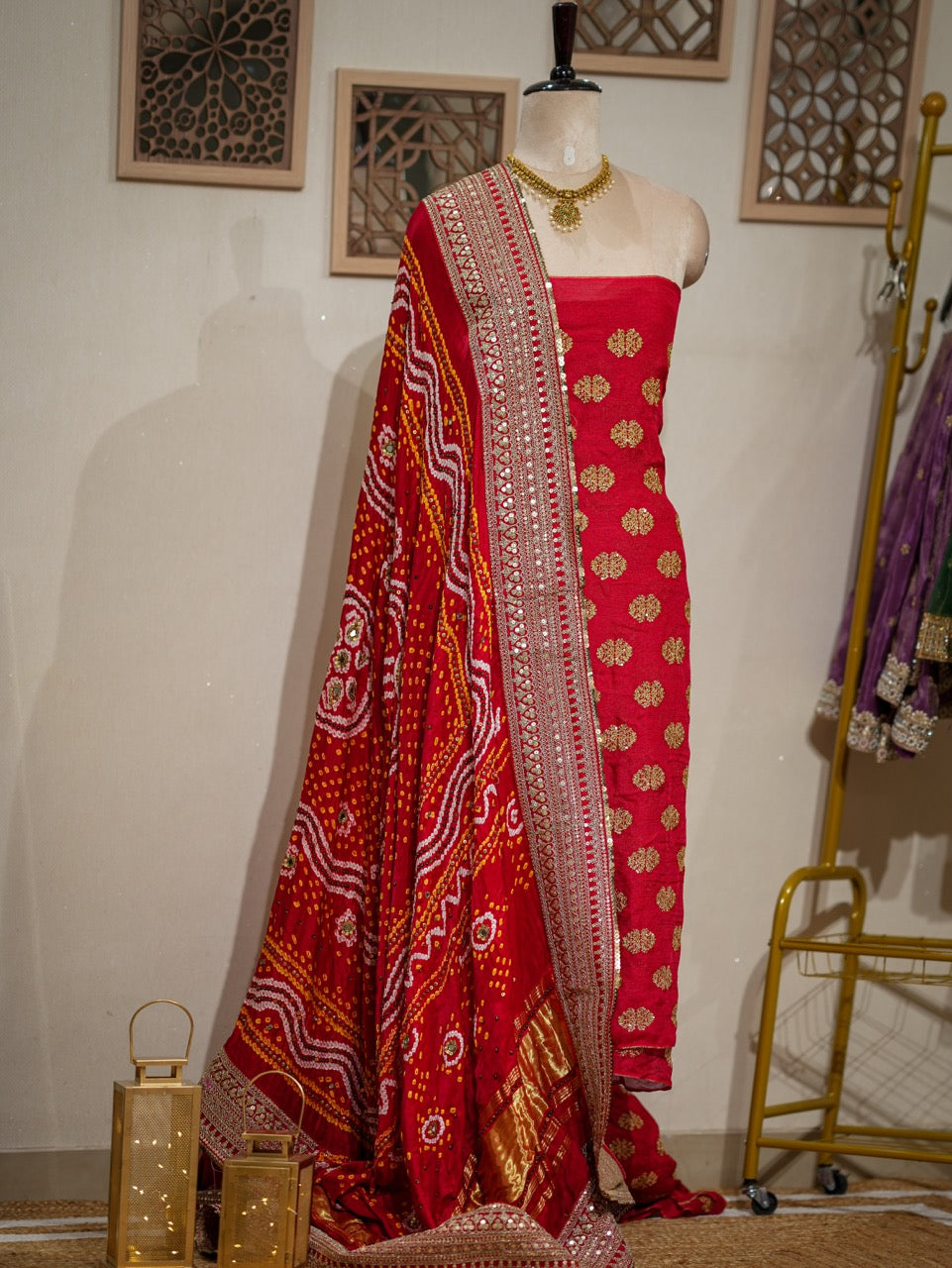 Kareena: Red Uppada Silk Top with Pure Gajji Silk Handwoven Bandhani Handwork Dupatta