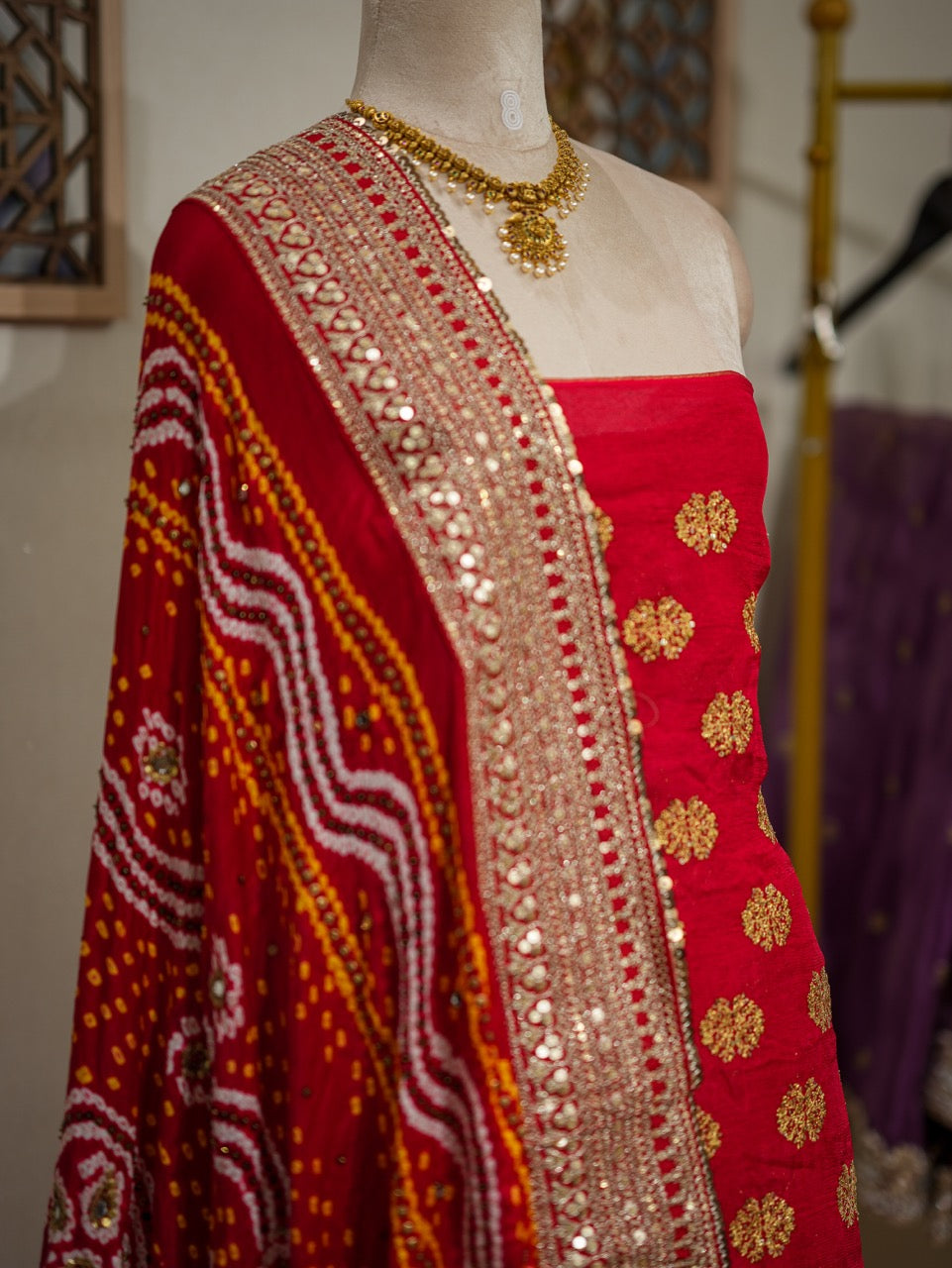 Kareena: Red Uppada Silk Top with Pure Gajji Silk Handwoven Bandhani Handwork Dupatta