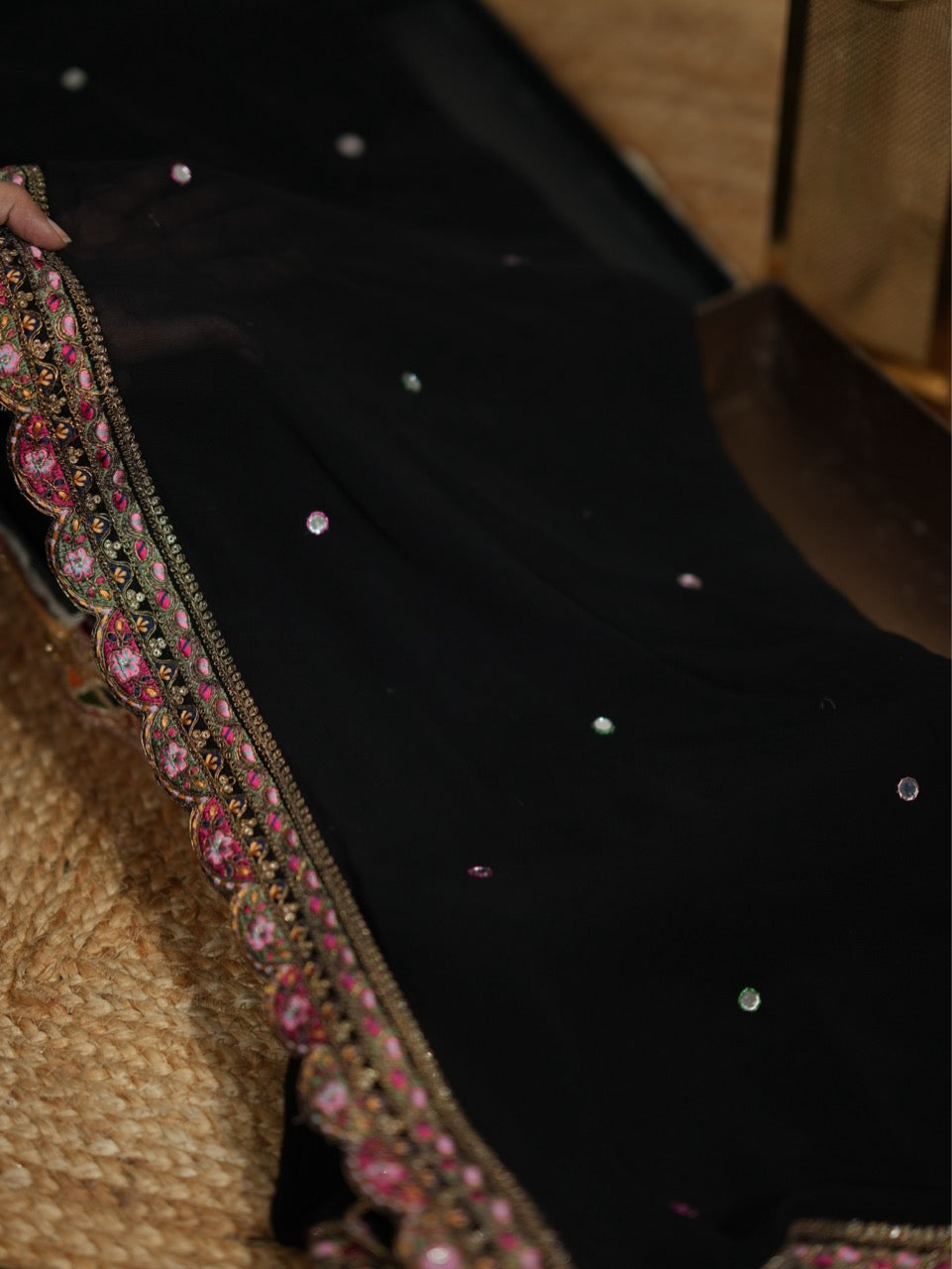 Aditi Black: Black Pure Georgette Handwork Saree with Black Georgette Multi Colour Thread Work Blouse