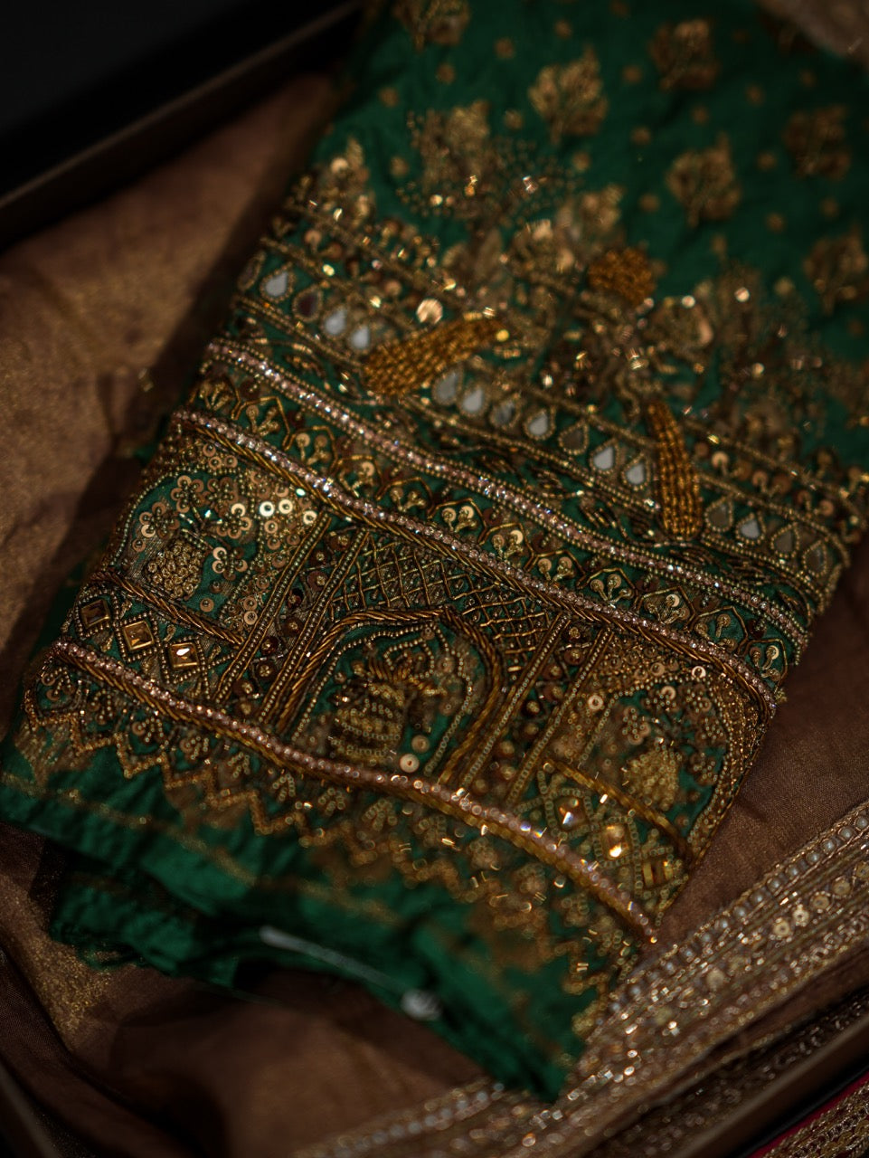 Golden Deepika: Golden Pure Silk Tissue Saree with Handwork and Green Handloom Pure Silk Brocade Blouse