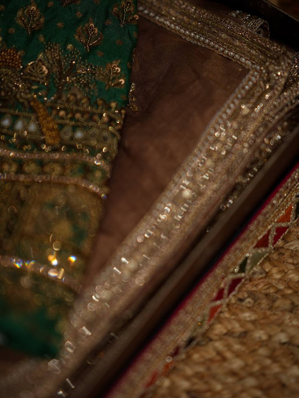 Golden Deepika: Golden Pure Silk Tissue Saree with Handwork and Green Handloom Pure Silk Brocade Blouse