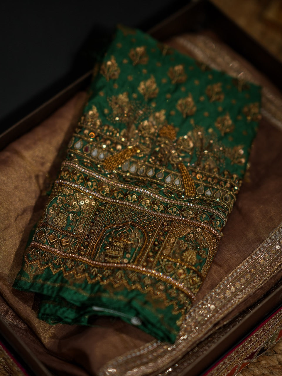 Golden Deepika: Golden Pure Silk Tissue Saree with Handwork and Green Handloom Pure Silk Brocade Blouse