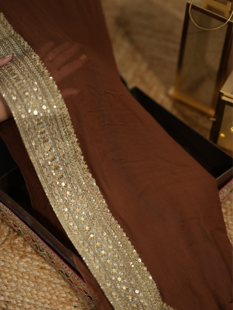 Dharani: Brown Georgette Saree with Steel Blue Raw Silk Blouse