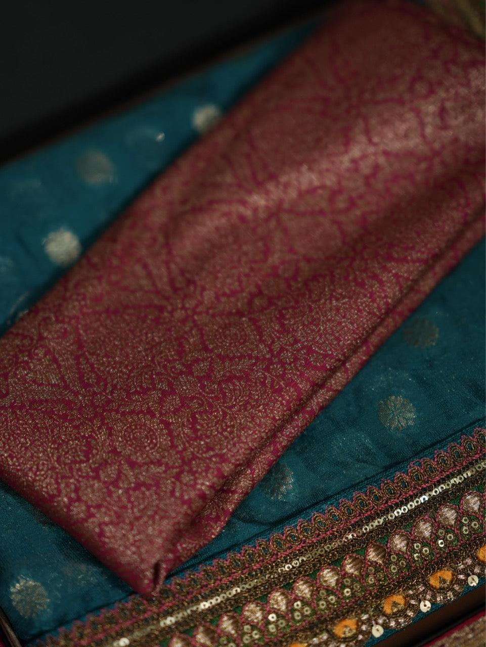 JUGNI: BLUE JUTE JACQUARD SAREE WITH PINK BROCADE BLOUSE