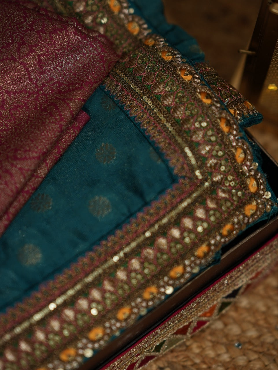 JUGNI: BLUE JUTE JACQUARD SAREE WITH PINK BROCADE BLOUSE