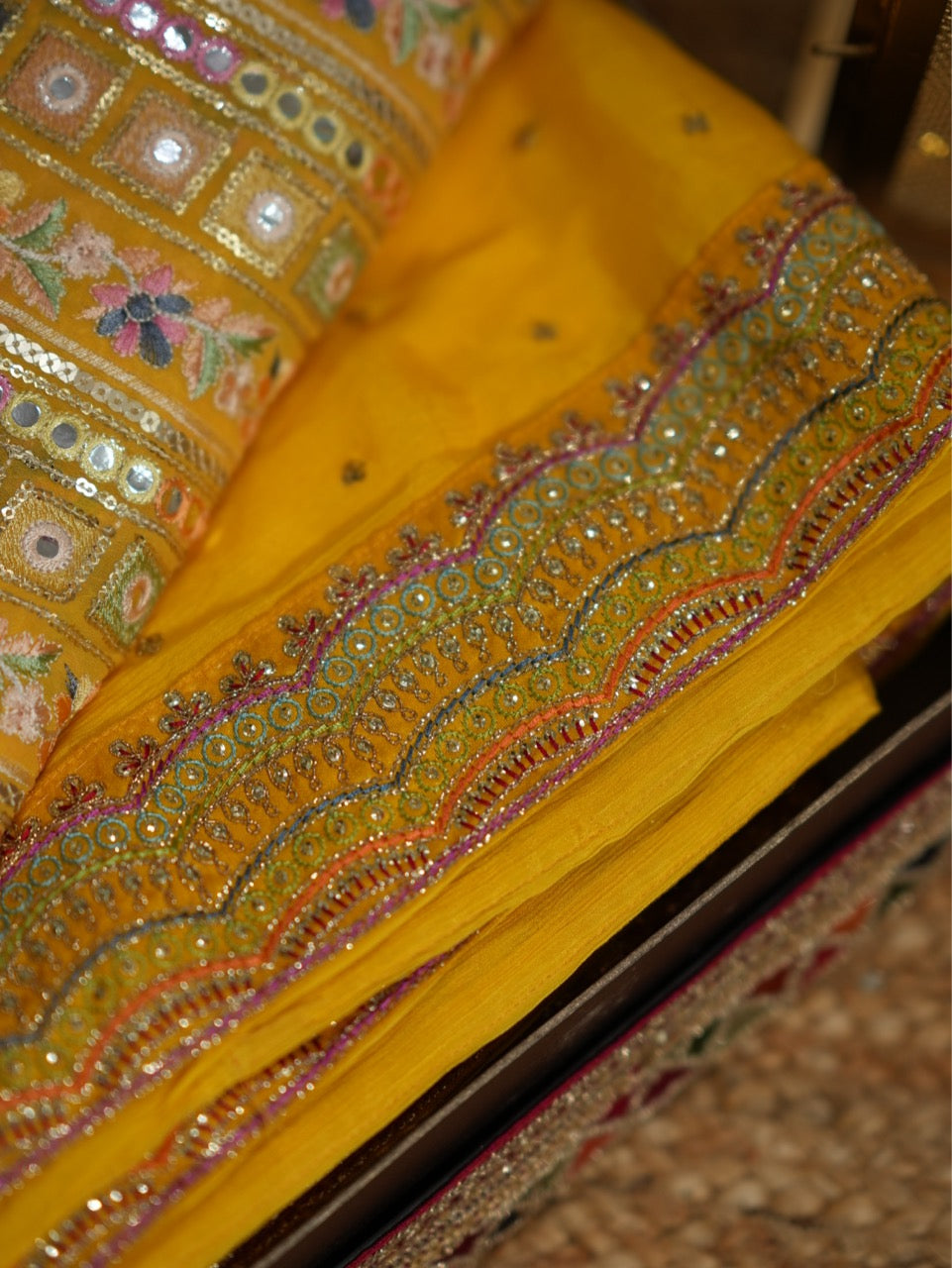 Mahi: Yellow Chinnon Saree with Yellow Georgette Blouse