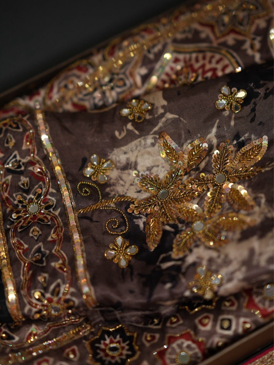 SAEBA: Brown Authentic Handblock Print Ajrakh Saree on Modal Satin with handwork on Saree and Blouse