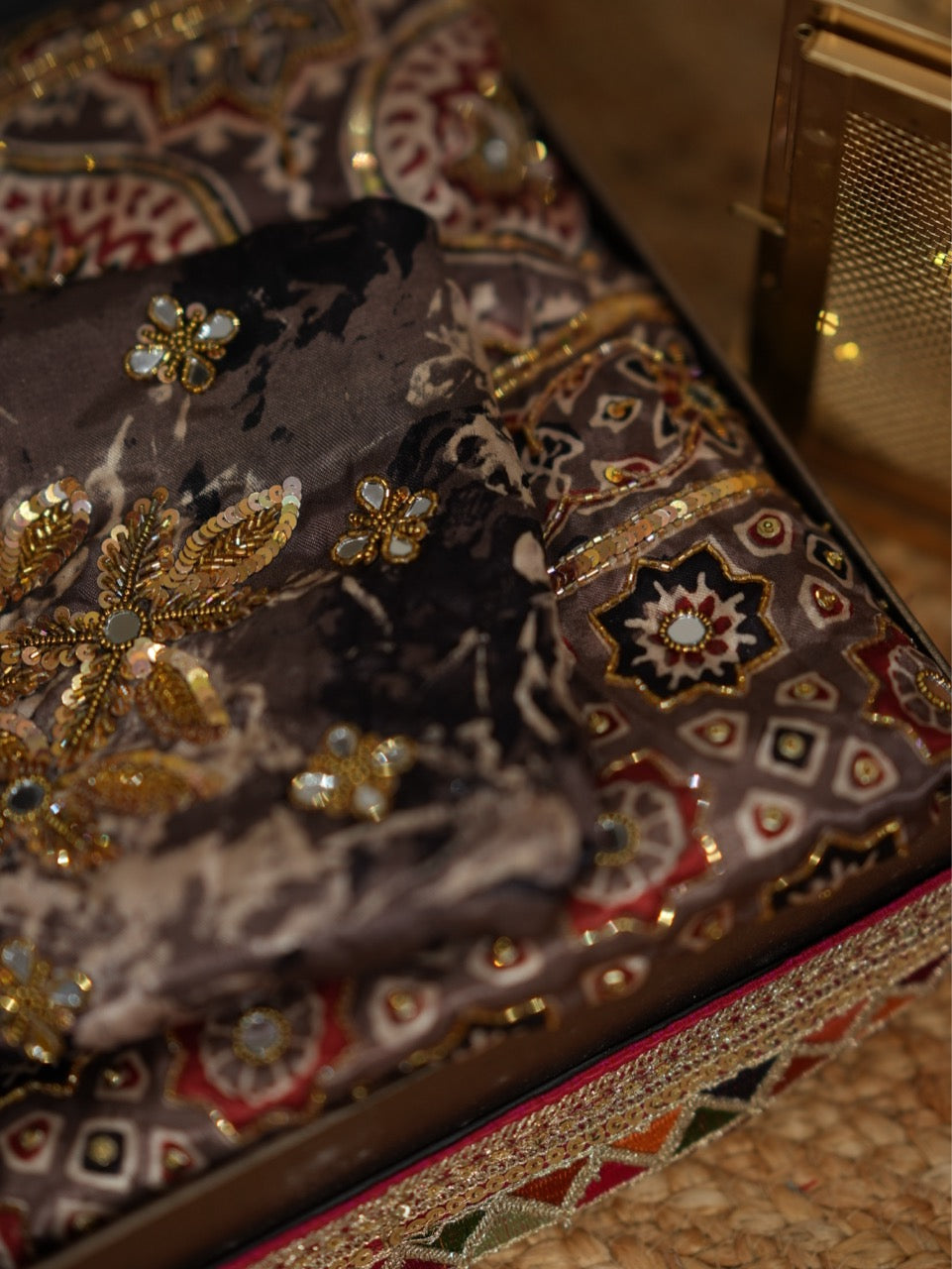 SAEBA: Brown Authentic Handblock Print Ajrakh Saree on Modal Satin with handwork on Saree and Blouse