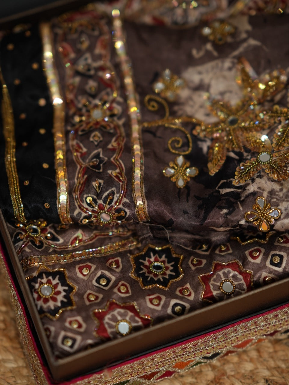 SAEBA: Brown Authentic Handblock Print Ajrakh Saree on Modal Satin with handwork on Saree and Blouse