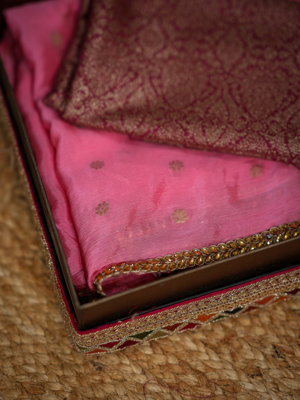 Aditi: Pink Pure Silk Chiffon Saree with Pink Pure Silk Brocade Blouse