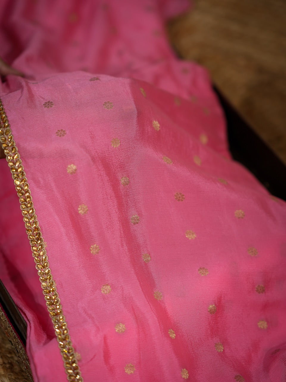 Aditi: Pink Pure Silk Chiffon Saree with Pink Pure Silk Brocade Blouse
