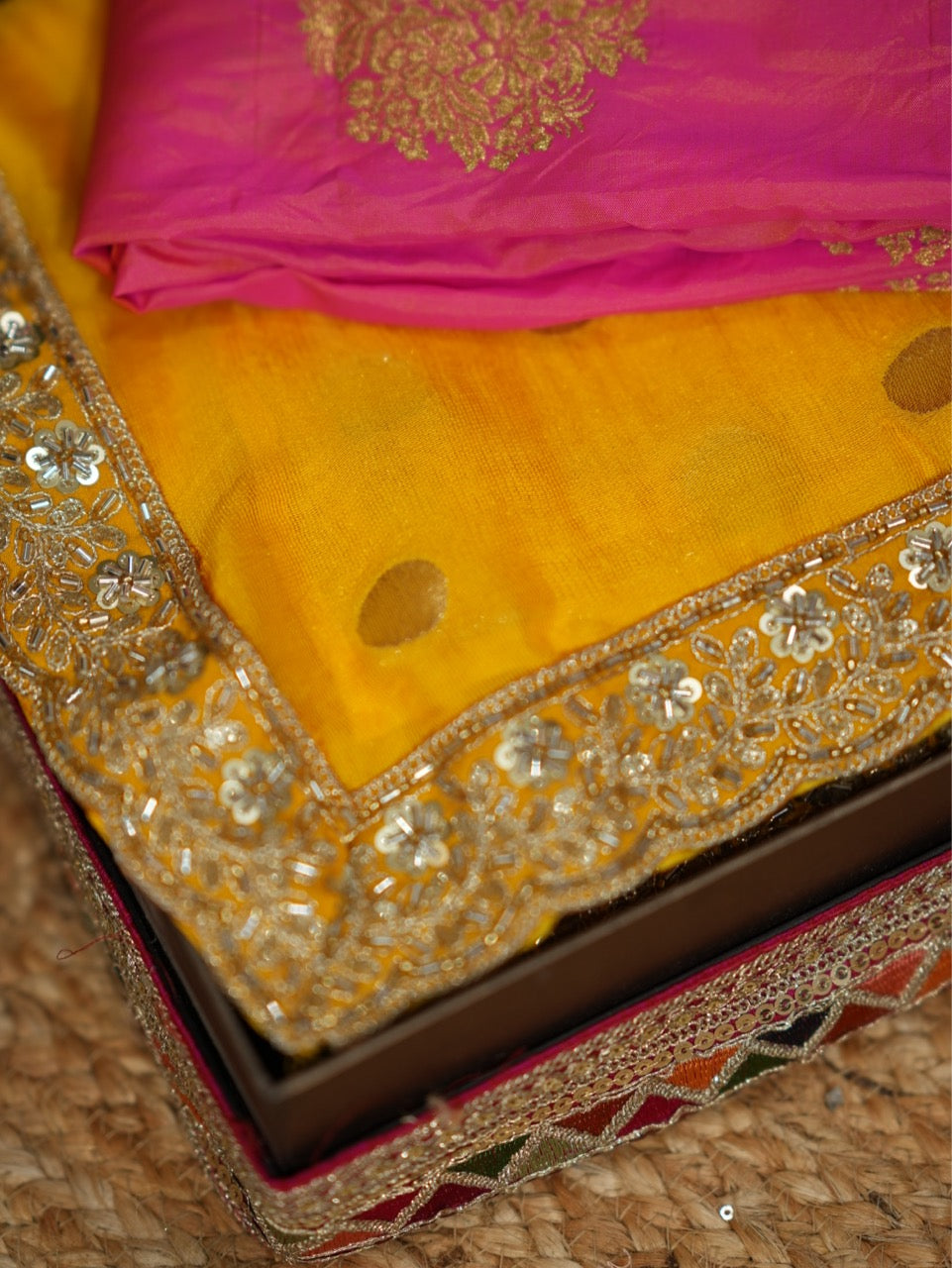 Yellow Kareena: Yellow Jute Jacquard Saree with Pink Brocade Blouse