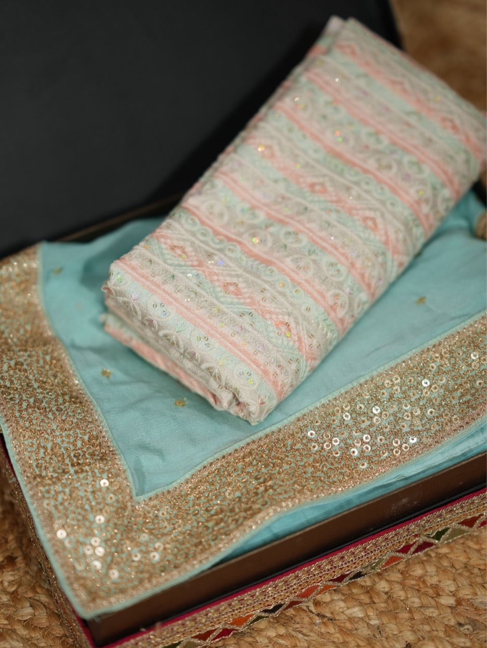 Aqua: Blue Chinnon Saree with Georgette Blouse