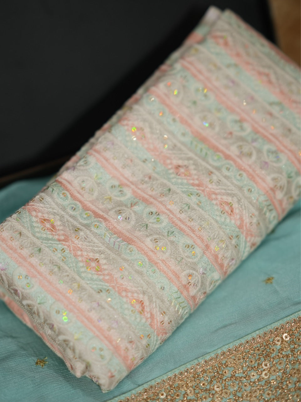 Aqua: Blue Chinnon Saree with Georgette Blouse