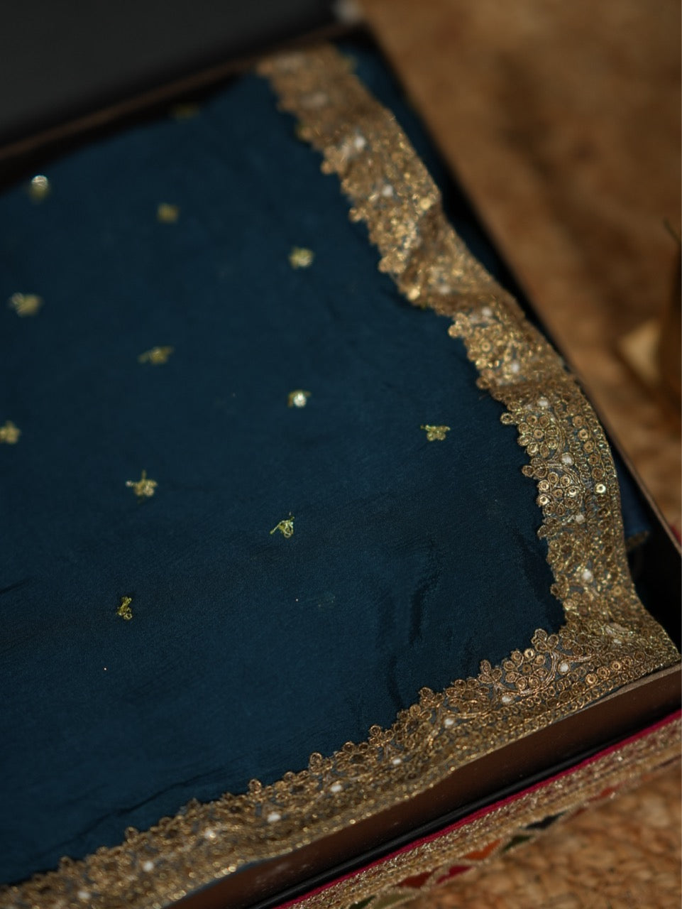 Amiya: Blue Deep Teal Chinnon Saree with Semi Silk Blouse