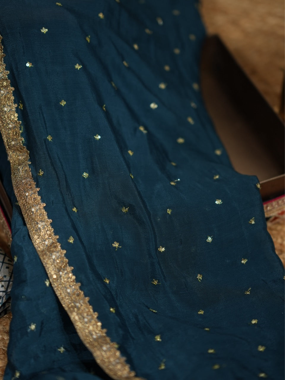Amiya: Blue Deep Teal Chinnon Saree with Semi Silk Blouse