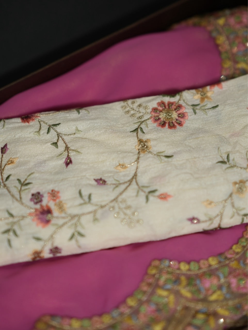 Bloom: Pink Pure Silk Crepe Saree with Off White Floral Raw Silk Blouse